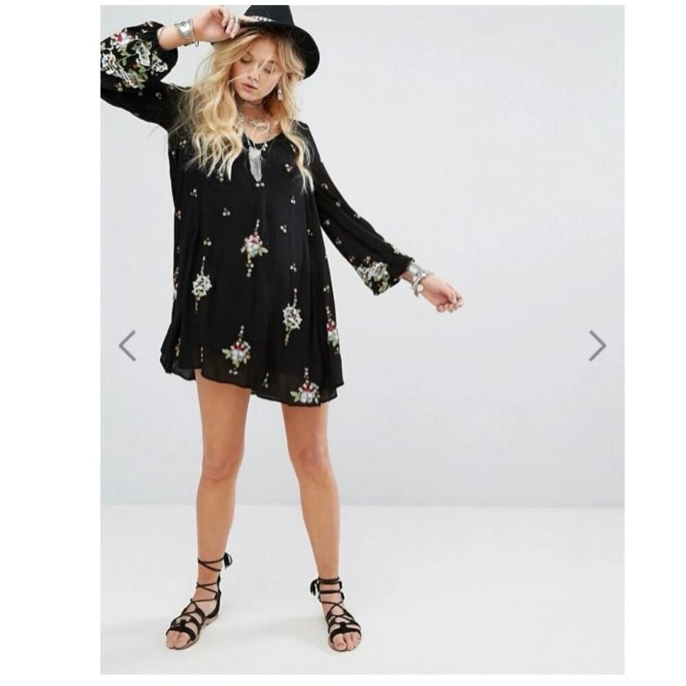 Free People Oxford Black Embroidered Swing Dress Boho Viscose XS Cottagecore - Picture 4 of 10